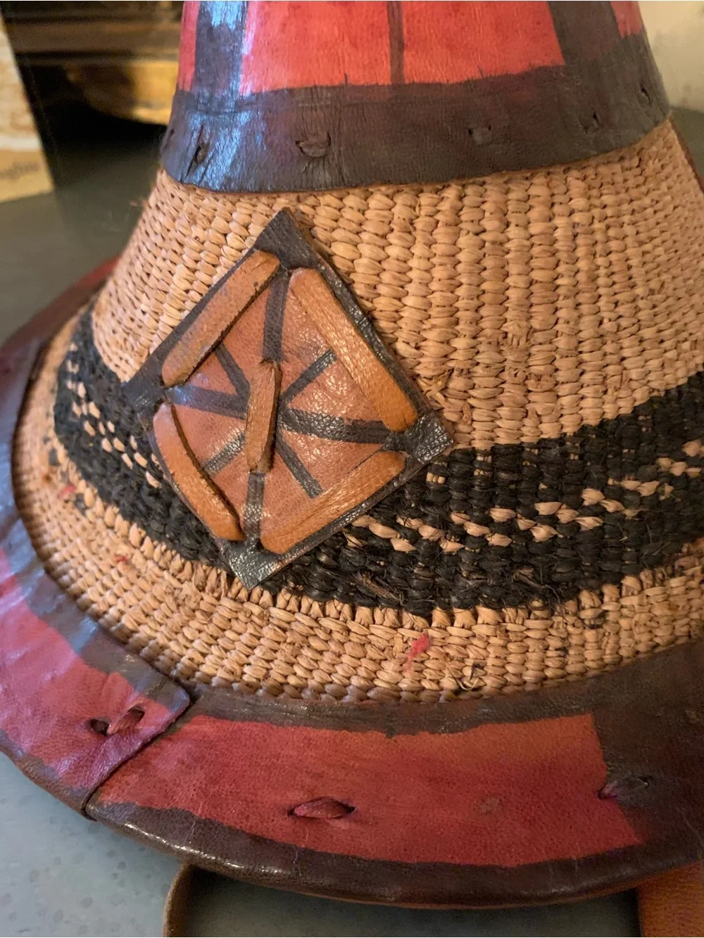 VINTAGE Fulani Hat from West Africa, HANDMADE Conical fiber straw leather trim.
